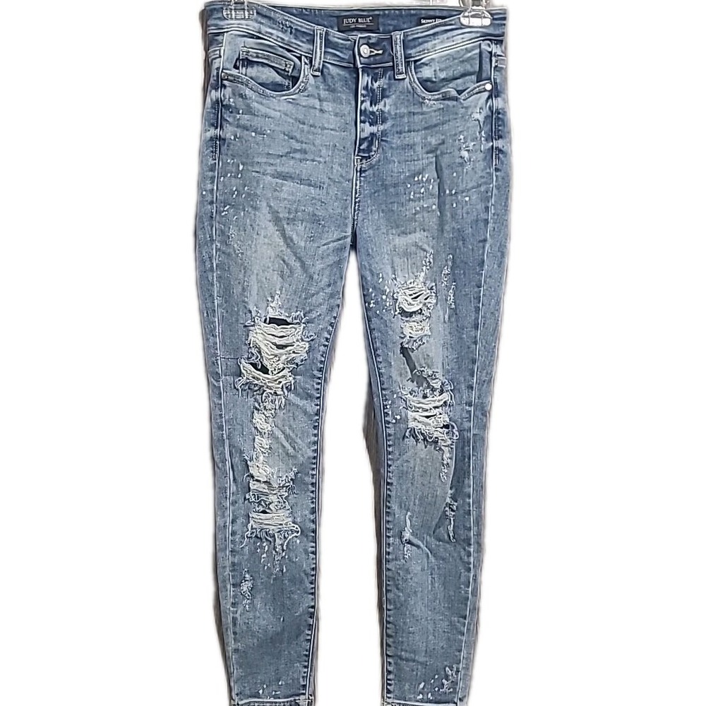 Judy Blue Bleach Splatter Destroyed Skinny Jeans 7/28 x 27 Medium Wash Mid Rise
